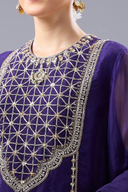 Shop_Ridhi Mehra_Purple Embroidery Round Neck Floral Kurta Set