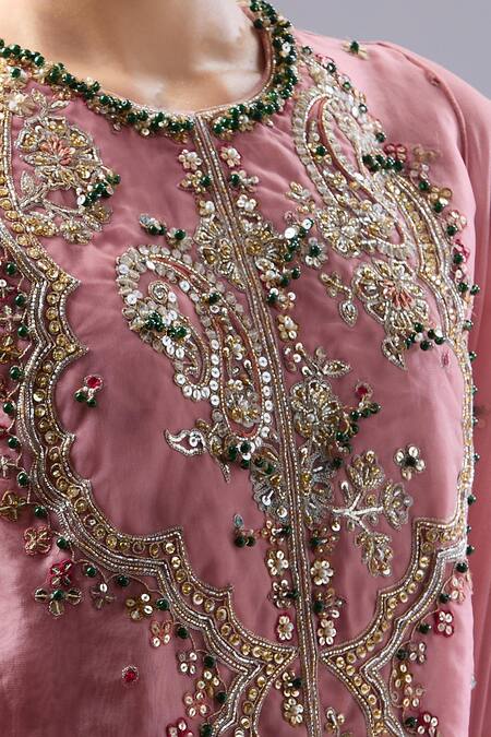 Ridhi Mehra_Pink Sequins, Embroidery Round Neck Floral Kurta Set_Online_at_Aza_Fashions