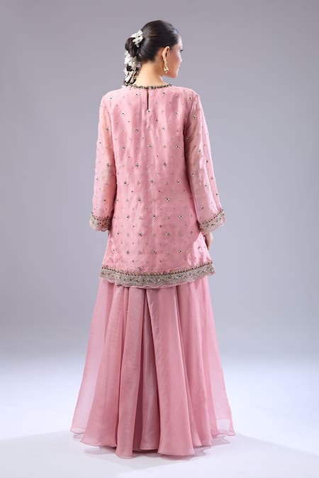 Shop_Ridhi Mehra_Pink Sequins, Embroidery Round Neck Floral Kurta Set_at_Aza_Fashions