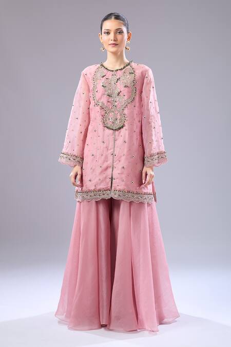 Shop_Ridhi Mehra_Pink Sequins, Embroidery Round Neck Floral Kurta Set_Online_at_Aza_Fashions
