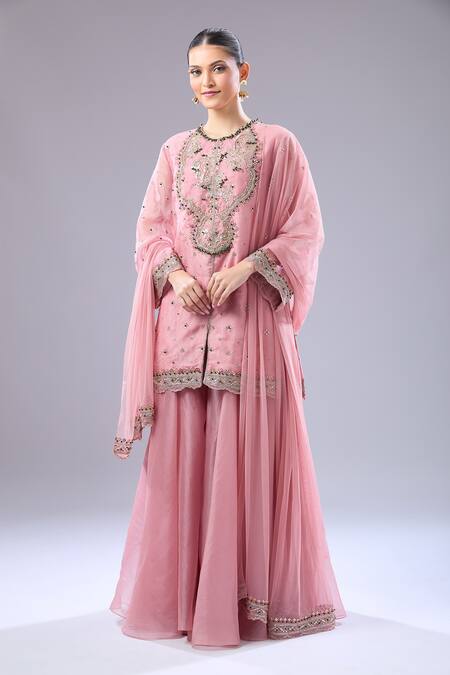 Ridhi Mehra_Pink Sequins, Embroidery Round Neck Floral Kurta Set_at_Aza_Fashions