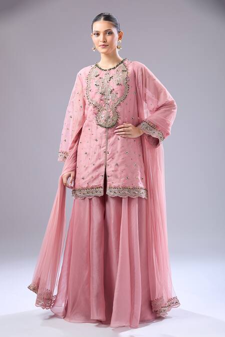Buy_Ridhi Mehra_Pink Sequins, Embroidery Round Neck Floral Kurta Set