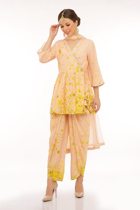 Preevin_Peach Cotton, Tulle, Net V-neck And Neon Green Peplum Kurta Set _Online_at_Aza_Fashions
