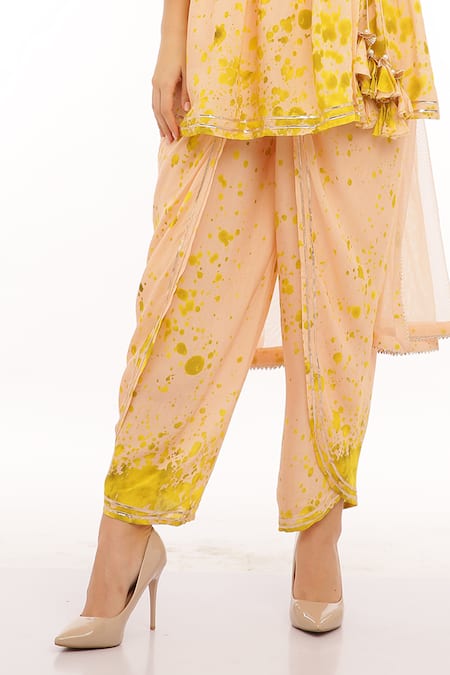 Buy_Preevin_Peach Cotton, Tulle, Net V-neck And Neon Green Peplum Kurta Set _Online_at_Aza_Fashions