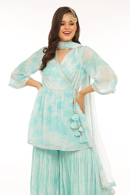 Buy_Preevin_Blue Cotton, Net Tassels Keyhole Neck Printed Peplum Kurta And Sharara Set_Online_at_Aza_Fashions