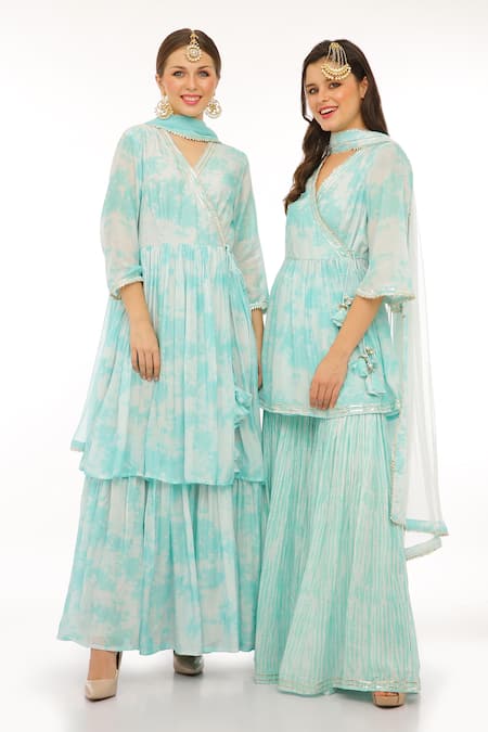 Shop_Preevin_Blue Cotton, Net Tassels Keyhole Neck Printed Peplum Kurta And Sharara Set_Online_at_Aza_Fashions