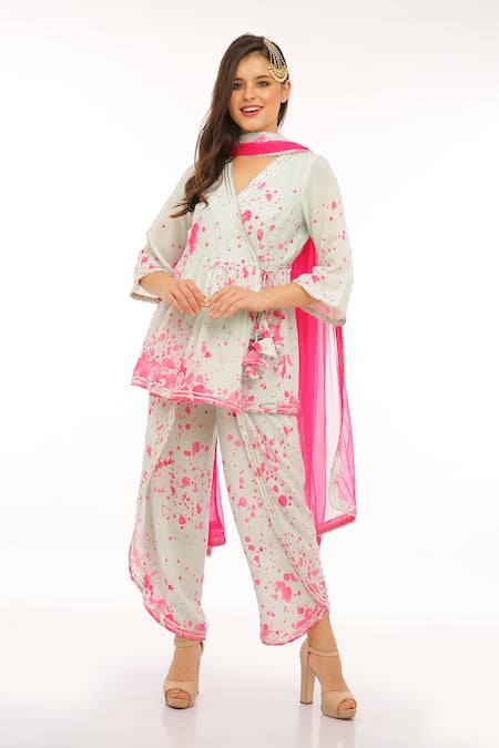 Preevin Teal Blue Peplum Kurta Dhoti Pant Set 