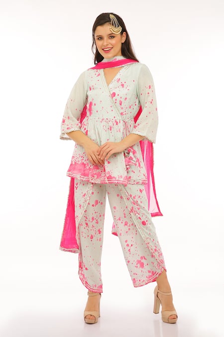 Preevin_Multi Color Cotton, Tulle Open Neck Teal Blue Peplum Kurta Dhoti Pant Set _Online_at_Aza_Fashions