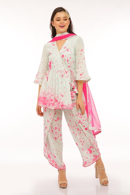 Buy_Preevin_Multi Color Cotton, Tulle Open Neck Teal Blue Peplum Kurta Dhoti Pant Set _Online_at_Aza_Fashions