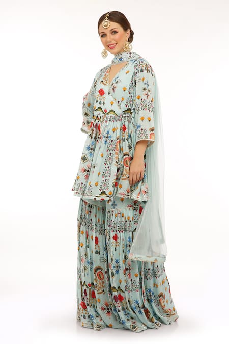 Preevin_Blue Cotton, Net Embroidery Keyhole Neck Floral Printed Peplum Kurta Set _Online_at_Aza_Fashions