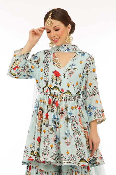 Buy_Preevin_Blue Cotton, Net Embroidery Keyhole Neck Floral Printed Peplum Kurta Set _Online_at_Aza_Fashions