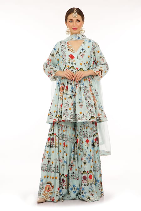 Shop_Preevin_Blue Cotton, Net Embroidery Keyhole Neck Floral Printed Peplum Kurta Set _Online_at_Aza_Fashions
