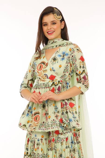 Preevin_Mint Cotton, Tulle Embroidery V-neck Floral Printed Peplum Kurta Set _Online_at_Aza_Fashions