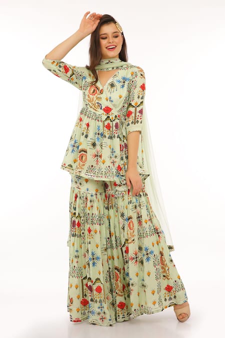 Buy_Preevin_Mint Cotton, Tulle Embroidery V-neck Floral Printed Peplum Kurta Set _Online_at_Aza_Fashions