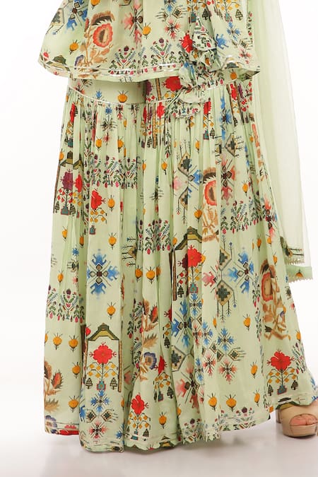 Shop_Preevin_Mint Cotton, Tulle Embroidery V-neck Floral Printed Peplum Kurta Set _Online_at_Aza_Fashions