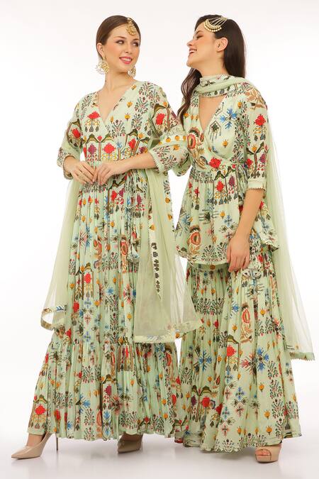 Preevin_Mint Cotton, Tulle Embroidery V-neck Floral Printed Peplum Kurta Set _at_Aza_Fashions