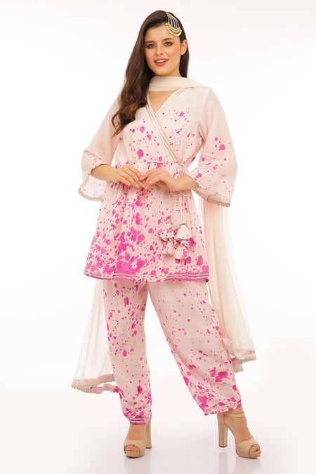 Shop_Preevin_Pink Cotton, Tulle, Net Pom-poms, Tassels V-neck Ice Printed Peplum Kurta Set _at_Aza_Fashions