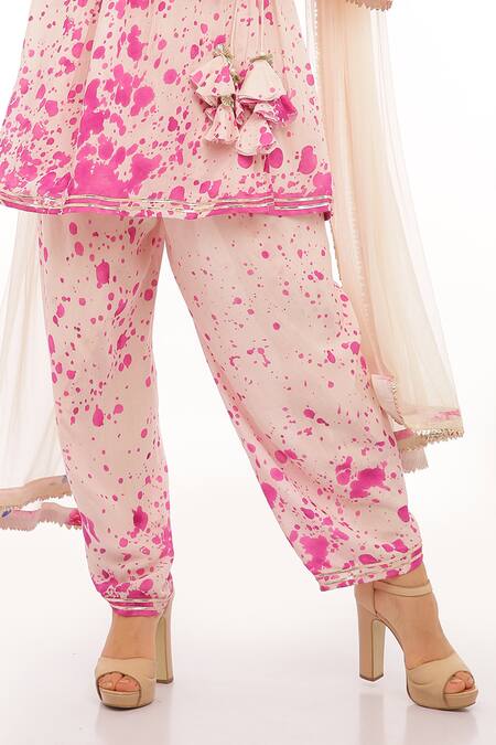 Preevin_Pink Cotton, Tulle, Net Pom-poms, Tassels V-neck Ice Printed Peplum Kurta Set _Online_at_Aza_Fashions