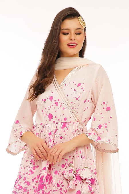 Buy_Preevin_Pink Cotton, Tulle, Net Pom-poms, Tassels V-neck Ice Printed Peplum Kurta Set _Online_at_Aza_Fashions