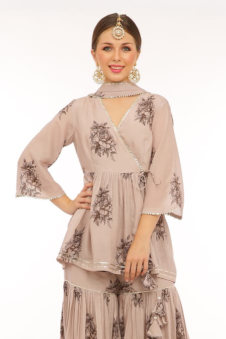 Preevin_Beige Cotton, Tulle, Net Embroidery V-neck Nude And Black Floral Peplum Kurta Set _Online_at_Aza_Fashions