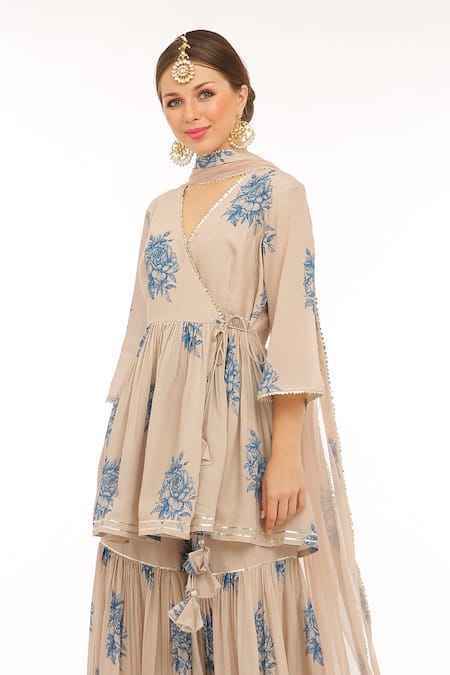 Preevin Beige Floral Peplum Kurta Set
