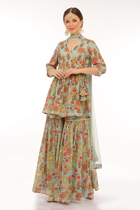 Preevin Teal Floral Peplum Kurta Set With Sharara 