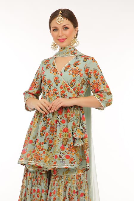 Preevin Teal Cotton, Tulle Lace, Embroidery Keyhole Floral Peplum Kurta Set With Sharara Online at Aza Fashions Preevin_Teal Cotton, Tulle Lace, Embroidery Keyhole Floral Peplum Kurta Set With Sharara _Online_at_Aza_Fashions