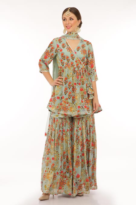 Buy_Preevin_Teal Cotton, Tulle Lace, Embroidery Keyhole Floral Peplum Kurta Set With Sharara _Online_at_Aza_Fashions