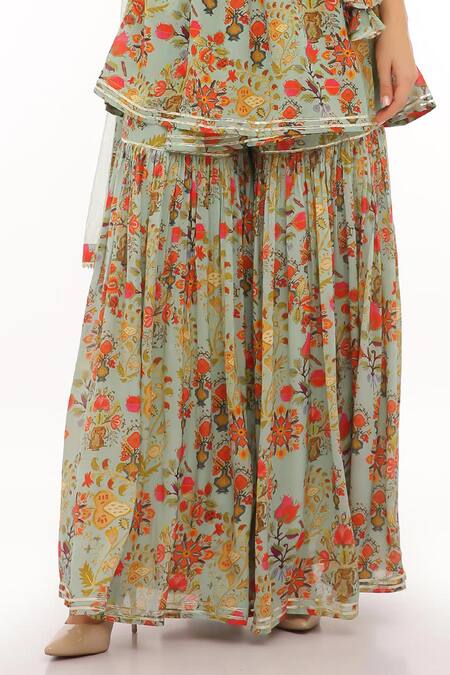 Shop Preevin Teal Cotton, Tulle Lace, Embroidery Keyhole Floral Peplum Kurta Set With Sharara Online at Aza Fashions Shop_Preevin_Teal Cotton, Tulle Lace, Embroidery Keyhole Floral Peplum Kurta Set With Sharara _Online_at_Aza_Fashions