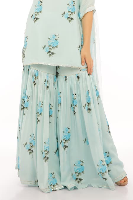Preevin_Blue Cotton, Net Embroidery Round Neck Floral Print Peplum Kurta Set _Online_at_Aza_Fashions