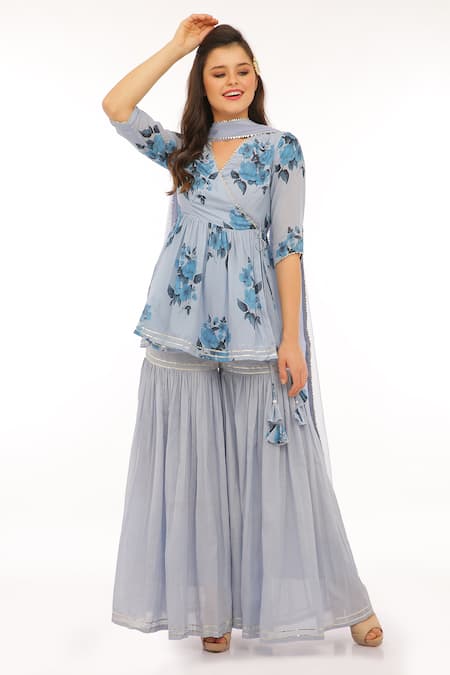Preevin_Blue Cotton, Net Embroidery V-neck Floral Peplum Kurta Set With Sharara _Online_at_Aza_Fashions