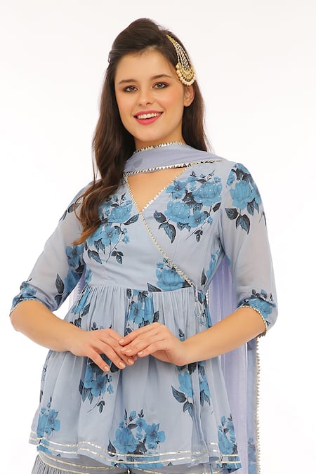 Buy_Preevin_Blue Cotton, Net Embroidery V-neck Floral Peplum Kurta Set With Sharara _Online_at_Aza_Fashions