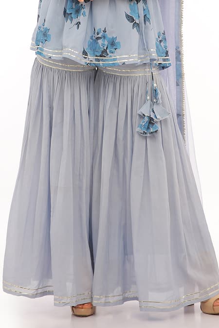 Shop_Preevin_Blue Cotton, Net Embroidery V-neck Floral Peplum Kurta Set With Sharara _Online_at_Aza_Fashions