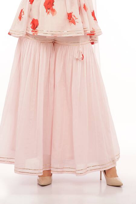 Preevin Pink Cotton, Tulle, Net Embroidery V-neck Floral Peplum Kurta And Sharara Set Online at Aza Fashions Preevin_Pink Cotton, Tulle, Net Embroidery V-neck Floral Peplum Kurta And Sharara Set _Online_at_Aza_Fashions