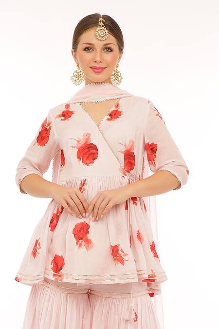 Buy Preevin Pink Cotton, Tulle, Net Embroidery V-neck Floral Peplum Kurta And Sharara Set Online at Aza Fashions Buy_Preevin_Pink Cotton, Tulle, Net Embroidery V-neck Floral Peplum Kurta And Sharara Set _Online_at_Aza_Fashions