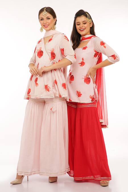 Shop_Preevin_Pink Cotton, Tulle, Net Embroidery V-neck Floral Peplum Kurta And Sharara Set _Online_at_Aza_Fashions