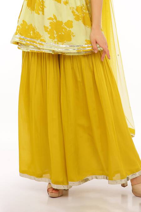 Buy_Preevin_Yellow Cotton, Tulle, Net V-neck Floral Peplum Kurta Set _Online_at_Aza_Fashions