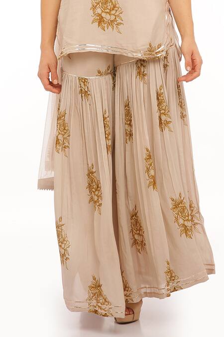 Preevin_Beige Cotton, Net Embroidery Round Neck Floral Peplum Kurta Set _Online_at_Aza_Fashions