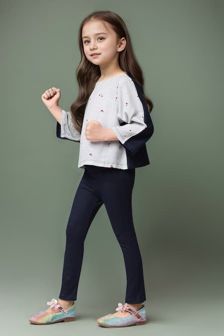 Shop Samyukta Singhania Off White Cotton Embroidery Striped Crop Top And Navy Pant Set Online at Aza Fashions Shop_Samyukta Singhania_Off White Cotton Embroidery Striped Crop Top And Navy Pant Set_Online_at_Aza_Fashions