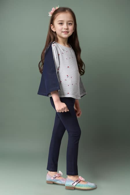 Samyukta Singhania Off White Cotton Embroidery Striped Crop Top And Navy Pant Set at Aza Fashions Samyukta Singhania_Off White Cotton Embroidery Striped Crop Top And Navy Pant Set_at_Aza_Fashions