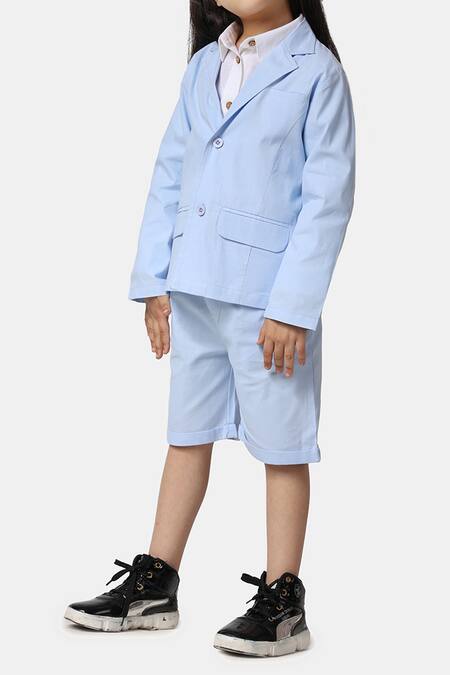 Petite Pomme_Blue Linen Blazer And Shorts Set _Online_at_Aza_Fashions