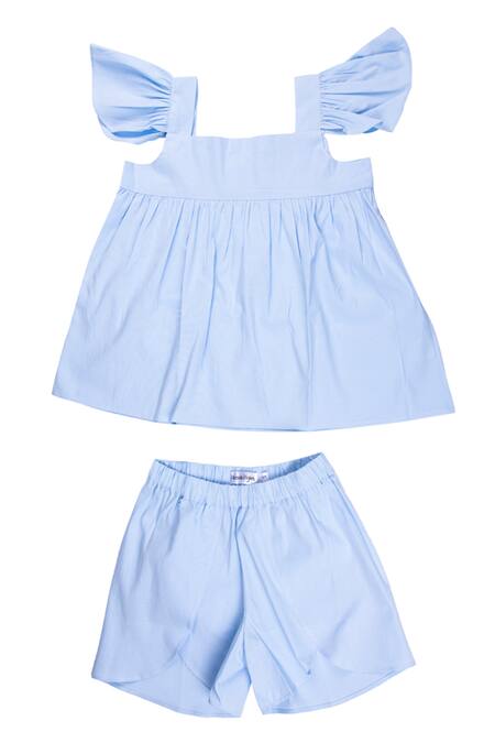 Petite Pomme_Blue Linen Dress With Ruffled Sleeves _Online_at_Aza_Fashions