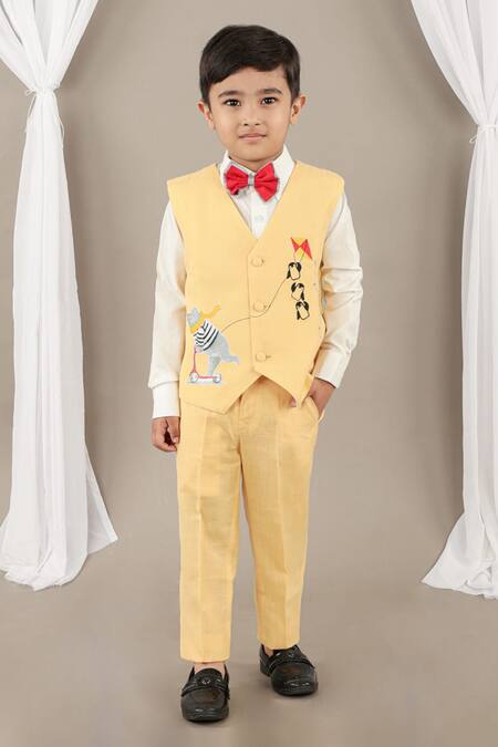 Little Brats_Yellow , Silk, Satin Embroidery Boys Applique Suit Set _Online_at_Aza_Fashions