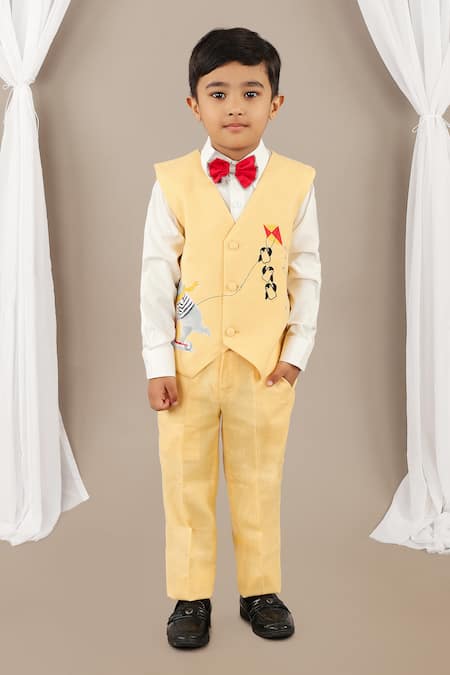 Buy_Little Brats_Yellow , Silk, Satin Embroidery Boys Applique Suit Set _Online_at_Aza_Fashions
