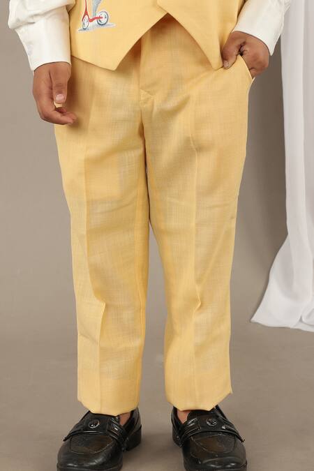 Little Brats_Yellow , Silk, Satin Embroidery Boys Applique Suit Set _at_Aza_Fashions