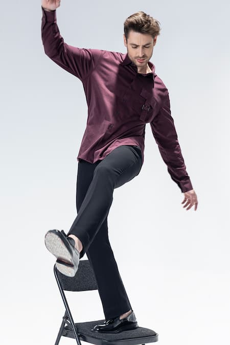 Amit Arora_Maroon Buckles Knit Full Sleeved Shirt_Online_at_Aza_Fashions