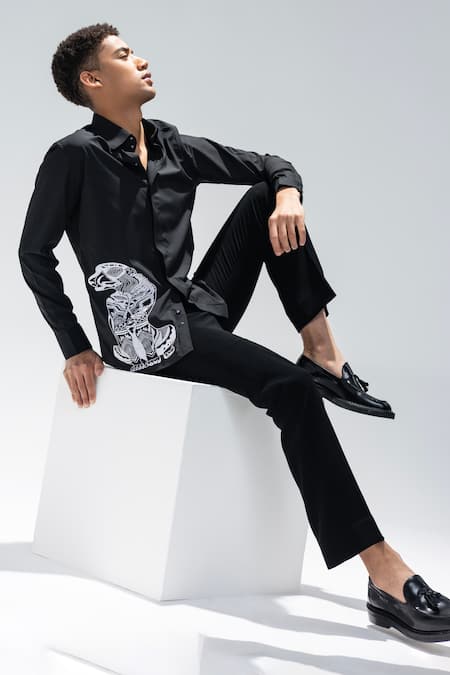 Amit Arora_Black Acrylic Embroidery Leopard Motif Shirt _Online_at_Aza_Fashions