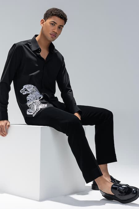 Shop_Amit Arora_Black Acrylic Embroidery Leopard Motif Shirt _at_Aza_Fashions