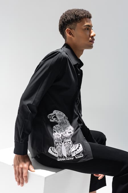 Buy_Amit Arora_Black Acrylic Embroidery Leopard Motif Shirt _Online_at_Aza_Fashions
