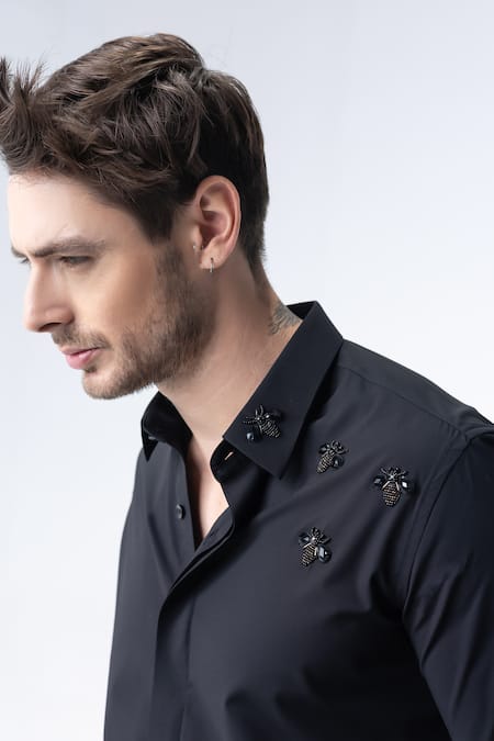 Shop_Amit Arora_Black Acrylic Embroidery Bee Shirt _Online_at_Aza_Fashions